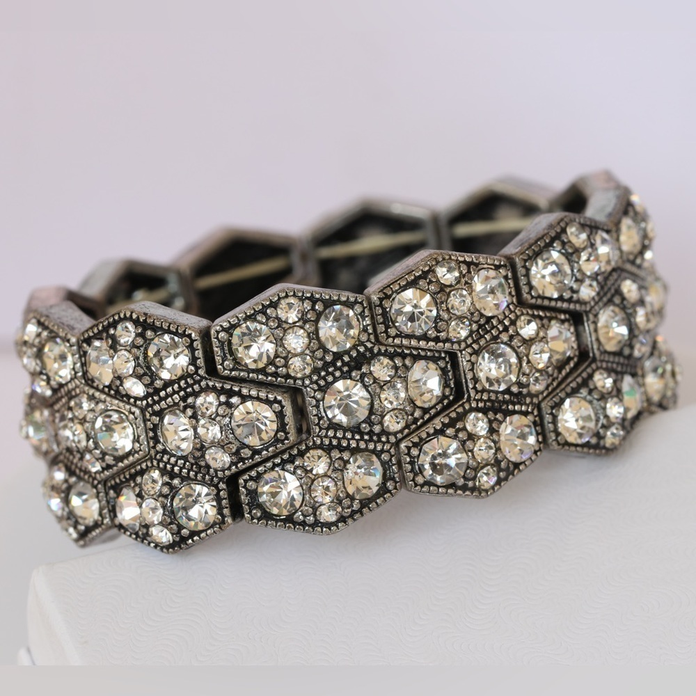 Vintage Rhinestone Hexagon Stretch Bracelet – Handmade Statement Jewelry - Picture 3 of 9